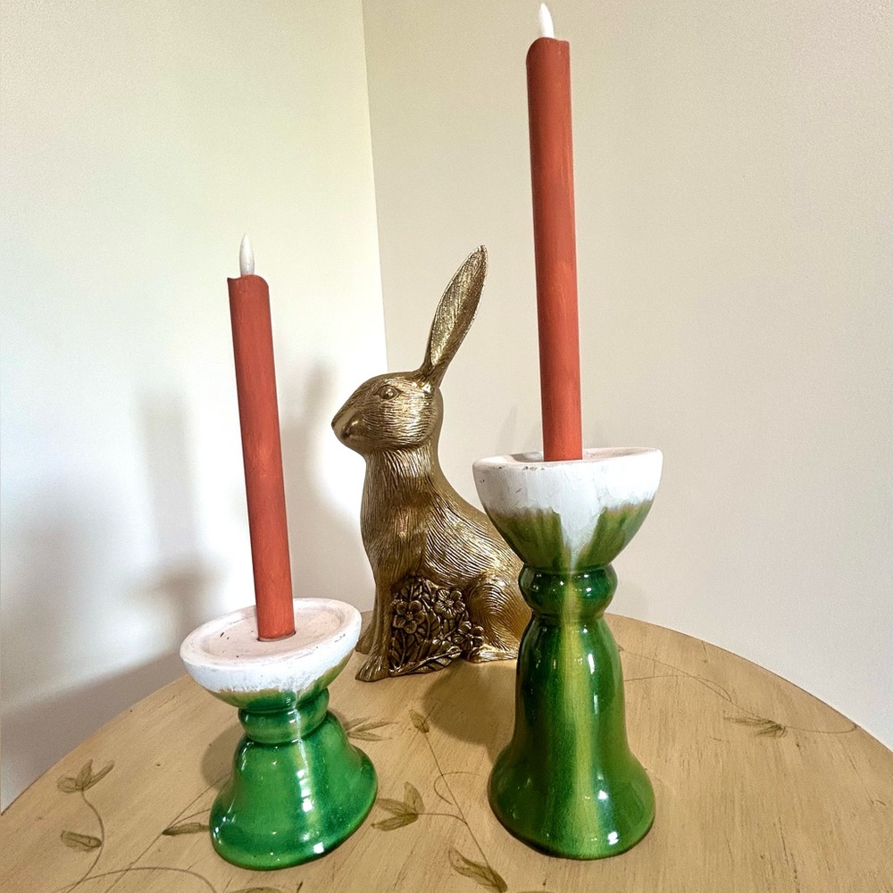 Pair of Green & White Pottery Vintage Taper Candle Holders  5 and 9 inch